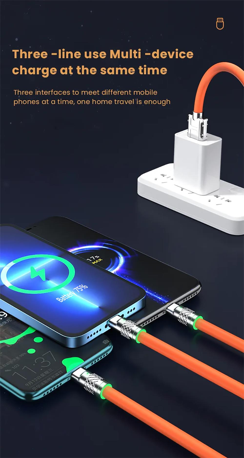 Picture of 120W Zinc Alloy Super Fast Charging Cable For iPhone Lightning Samsung Type C Micro USB Cord 1.2m/47in